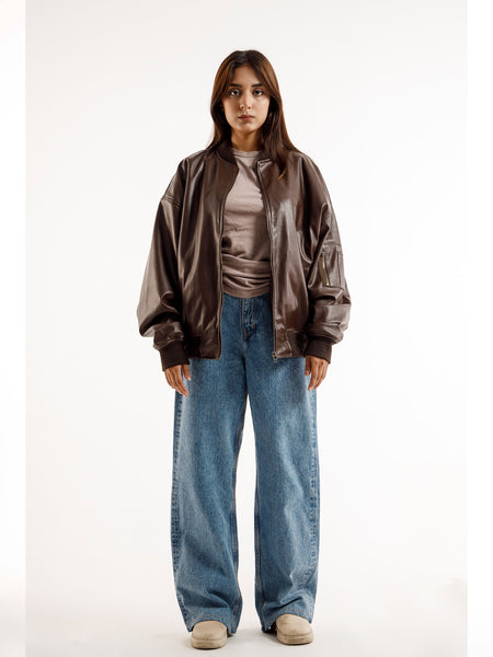 BROWN OVERSIZED BOMBER LEATHER JACKET