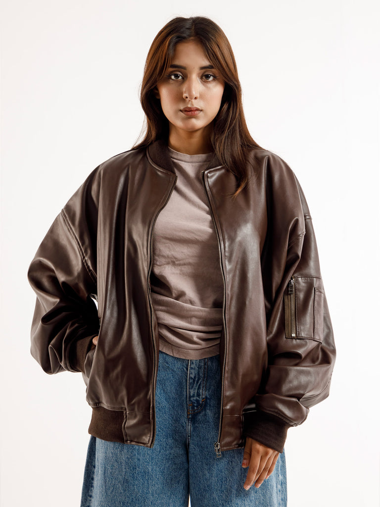 BROWN OVERSIZED BOMBER LEATHER JACKET