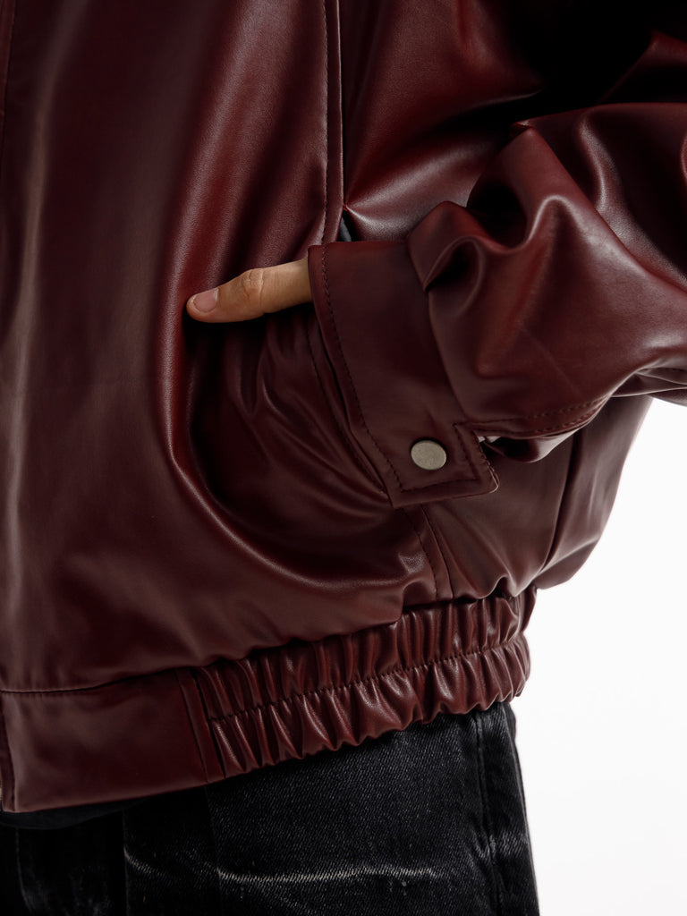 BURGANDY OVERSIZED ROUND PANEL LEATHER JACKET