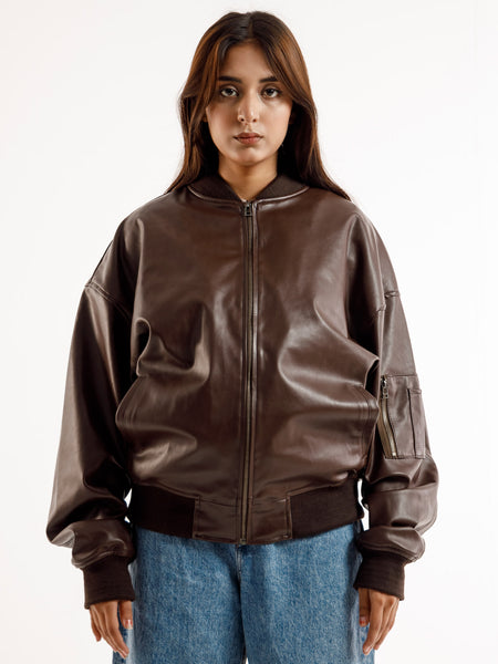 BROWN OVERSIZED BOMBER LEATHER JACKET (hover)