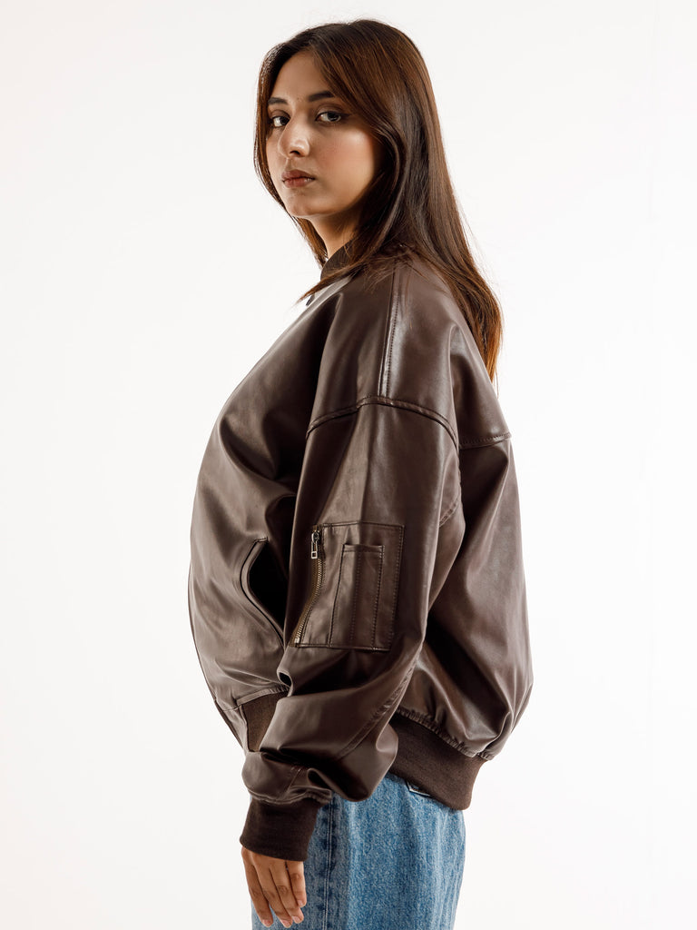 BROWN OVERSIZED BOMBER LEATHER JACKET