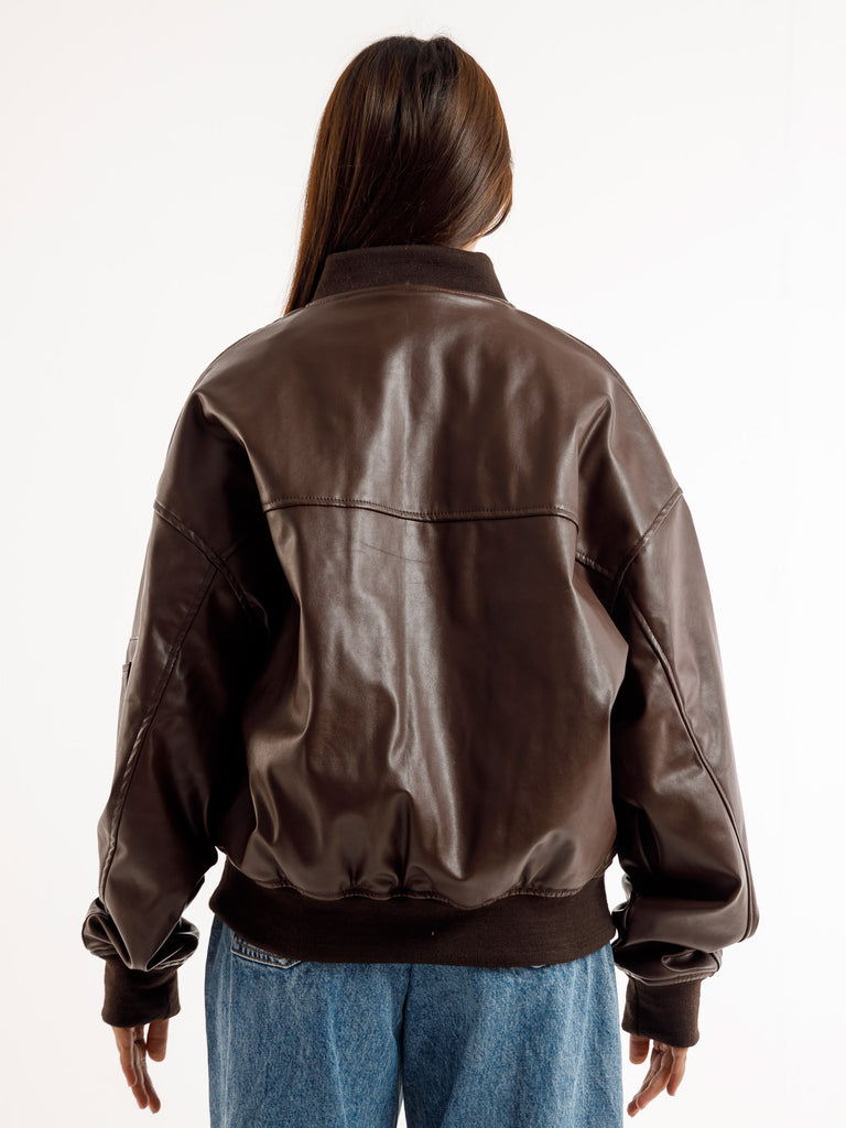 BROWN OVERSIZED BOMBER LEATHER JACKET