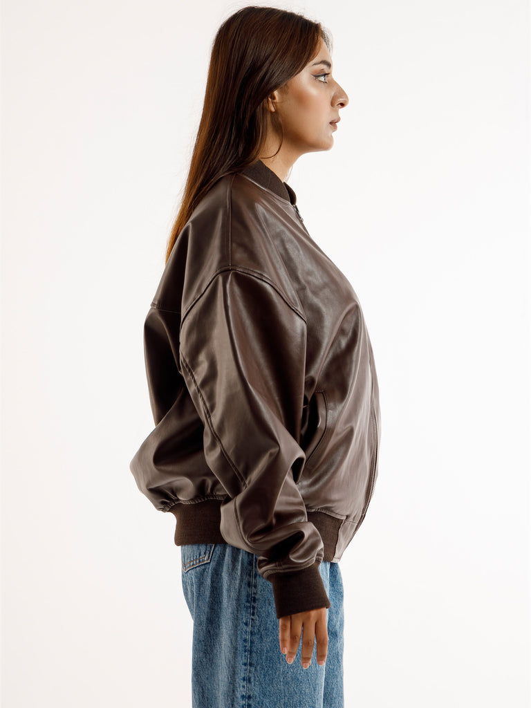 BROWN OVERSIZED BOMBER LEATHER JACKET
