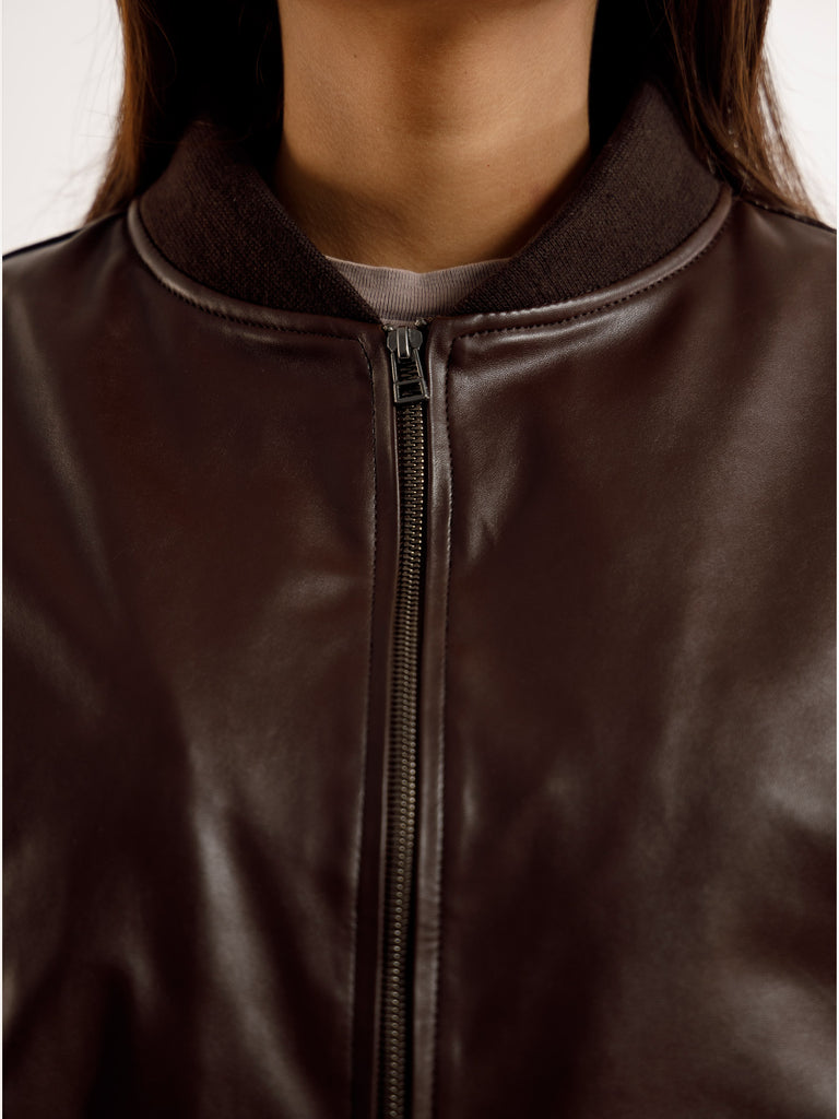 BROWN OVERSIZED BOMBER LEATHER JACKET