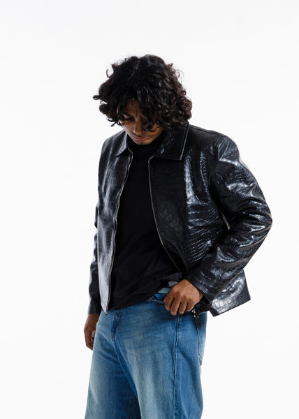 Midnight black Croco Premium Leather Jacket (hover)