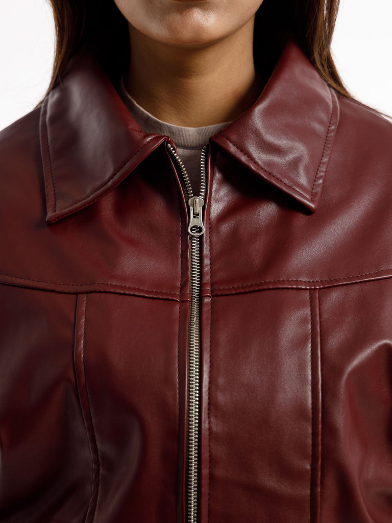 BURGANDY OVERSIZED STRAIGHT PANEL LEATHER JACKET