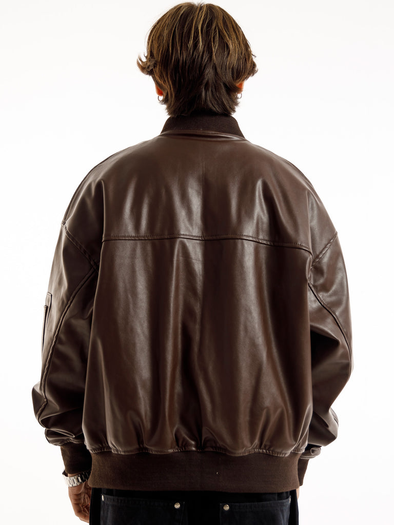 BROWN OVERSIZED BOMBER LEATHER JACKET