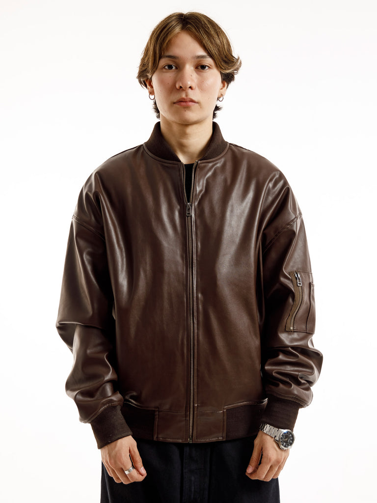 BROWN OVERSIZED BOMBER LEATHER JACKET