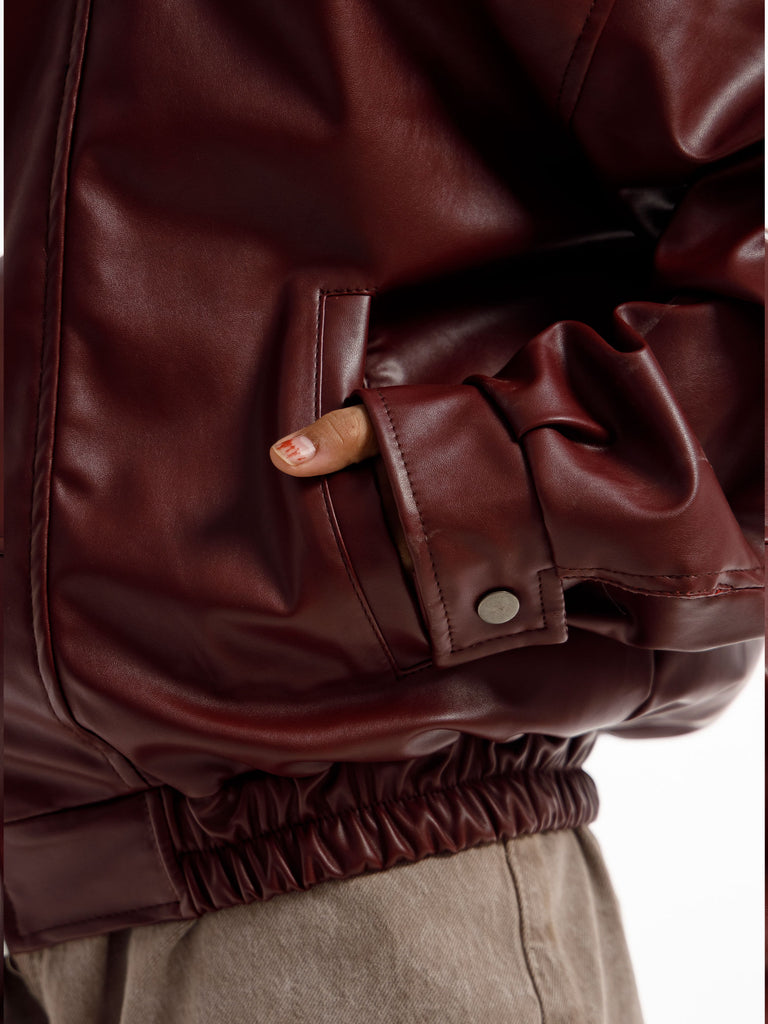 BURGANDY OVERSIZED STRAIGHT PANEL LEATHER JACKET