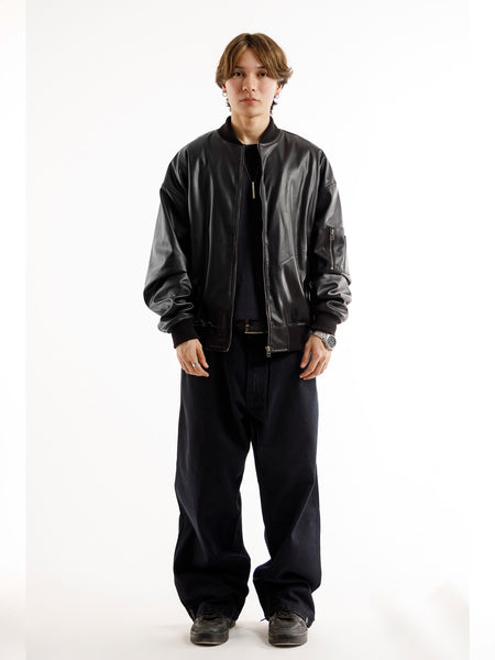 BLACK OVERSIZED BOMBER LEATHER JACKET
