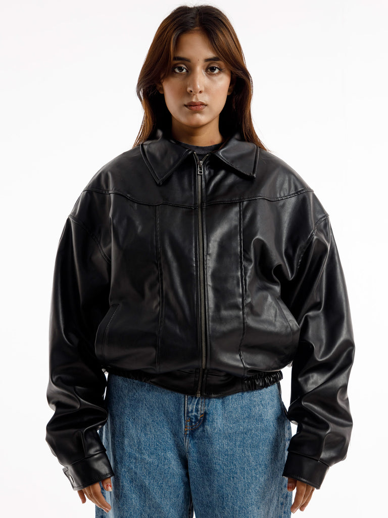 BLACK OVERSIZED STRAIGHT PANEL LEATHER JACKET