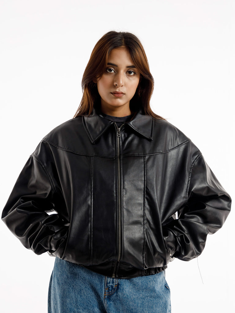 BLACK OVERSIZED STRAIGHT PANEL LEATHER JACKET