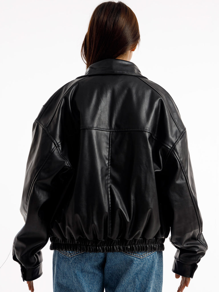 BLACK OVERSIZED STRAIGHT PANEL LEATHER JACKET
