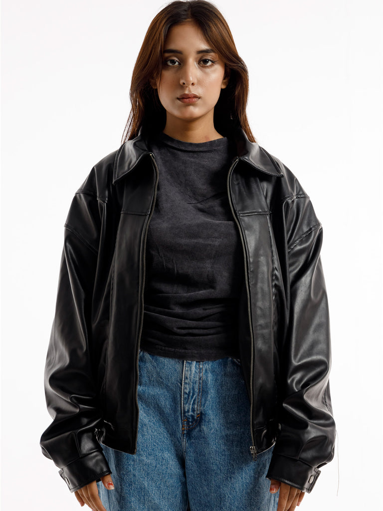 BLACK OVERSIZED STRAIGHT PANEL LEATHER JACKET
