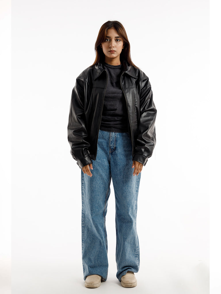 BLACK OVERSIZED STRAIGHT PANEL LEATHER JACKET
