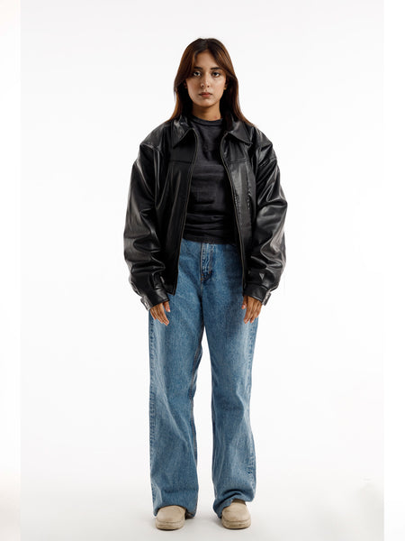 BLACK OVERSIZED STRAIGHT PANEL LEATHER JACKET (hover)