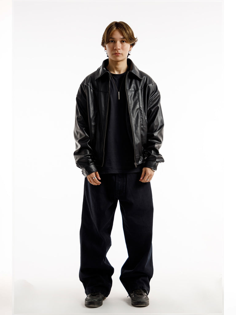 BLACK OVERSIZED STRAIGHT PANEL LEATHER JACKET