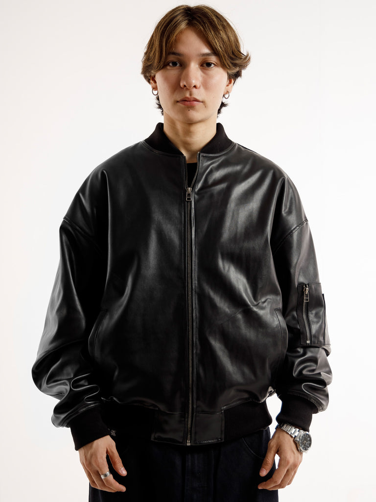 BLACK OVERSIZED BOMBER LEATHER JACKET