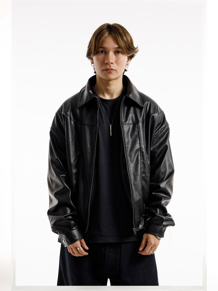 BLACK OVERSIZED STRAIGHT PANEL LEATHER JACKET