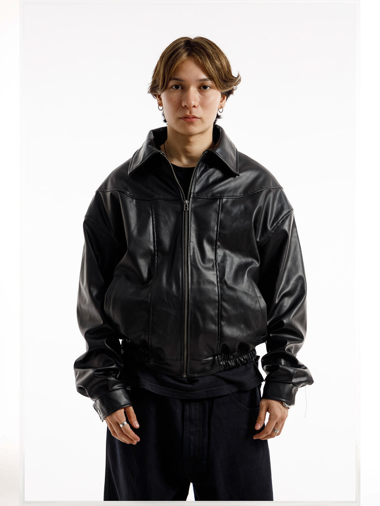 BLACK OVERSIZED STRAIGHT PANEL LEATHER JACKET