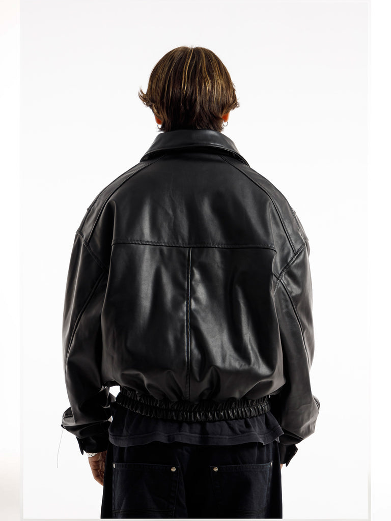 BLACK OVERSIZED STRAIGHT PANEL LEATHER JACKET