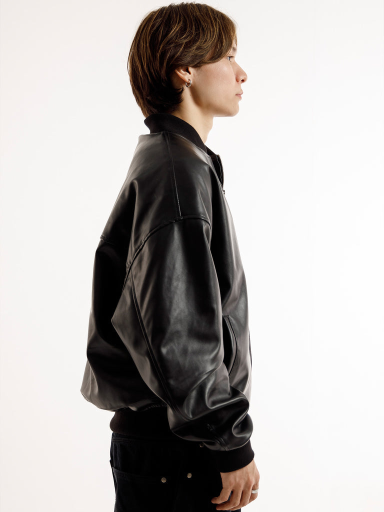 BLACK OVERSIZED BOMBER LEATHER JACKET