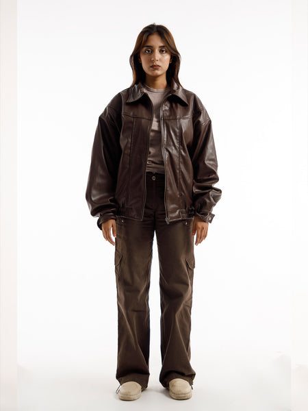 BROWN OVERSIZED STRAIGHT PANEL LEATHER JACKET