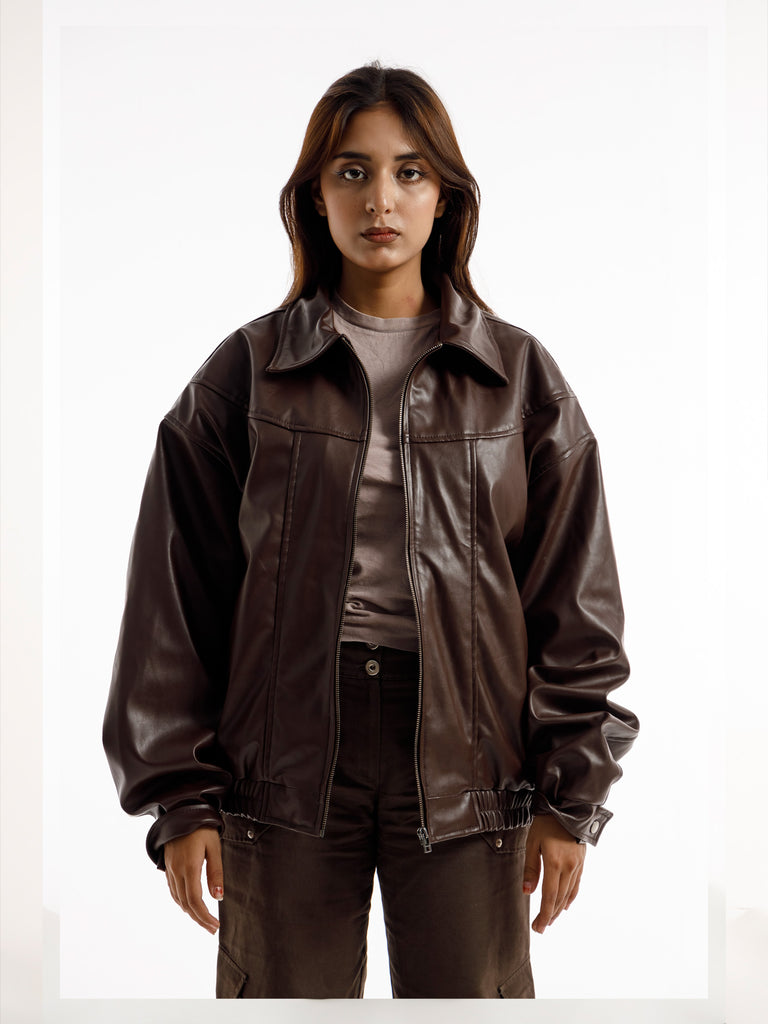 BROWN OVERSIZED STRAIGHT PANEL LEATHER JACKET