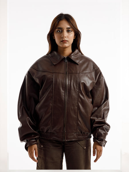 BROWN OVERSIZED STRAIGHT PANEL LEATHER JACKET (hover)
