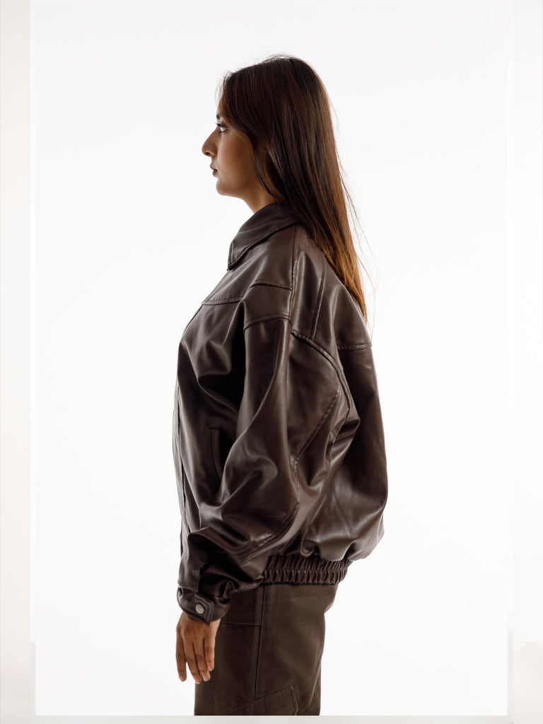BROWN OVERSIZED STRAIGHT PANEL LEATHER JACKET