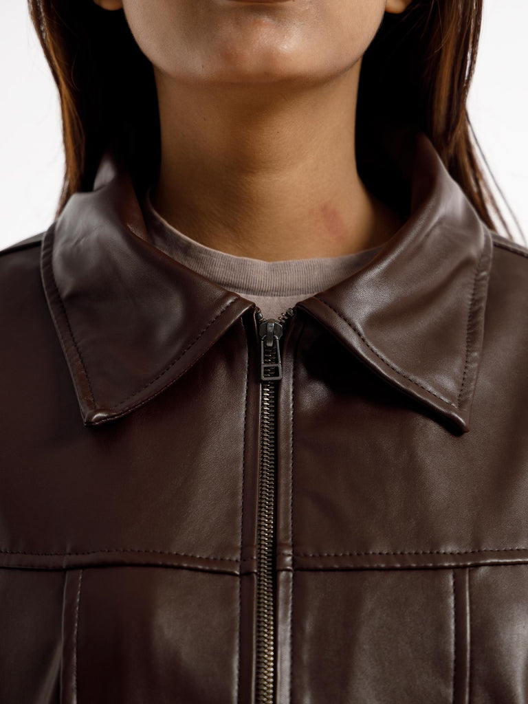 BROWN OVERSIZED STRAIGHT PANEL LEATHER JACKET