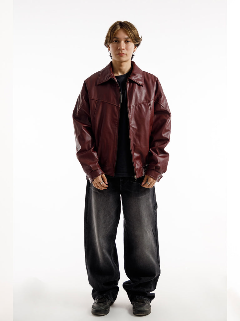 BURGANDY OVERSIZED ROUND PANEL LEATHER JACKET