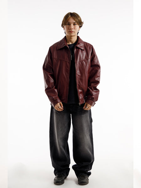 BURGANDY OVERSIZED ROUND PANEL LEATHER JACKET