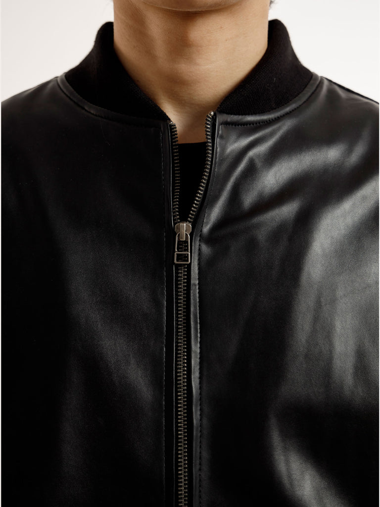 BLACK OVERSIZED BOMBER LEATHER JACKET
