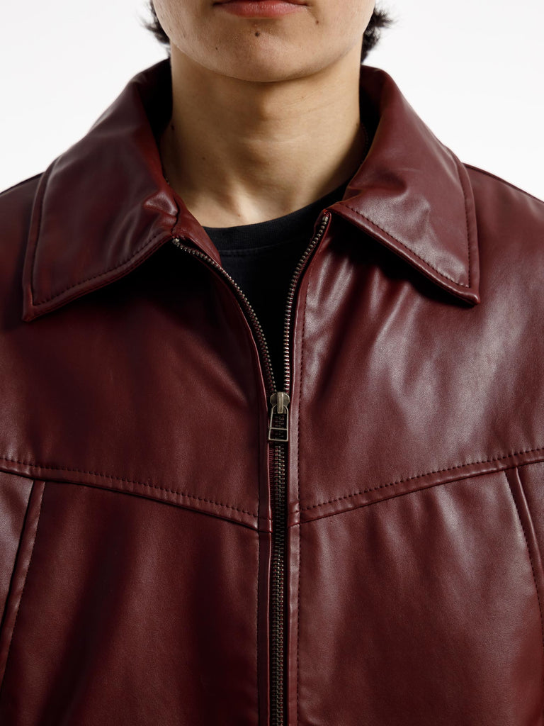 BURGANDY OVERSIZED ROUND PANEL LEATHER JACKET