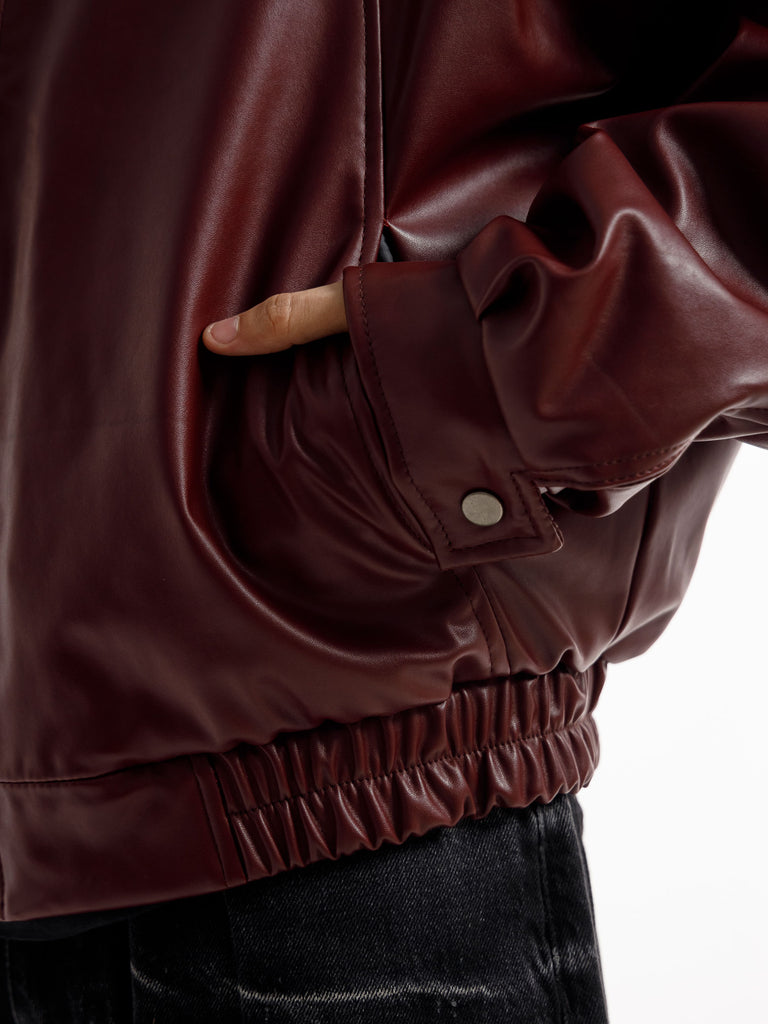 BURGANDY OVERSIZED STRAIGHT PANEL LEATHER JACKET