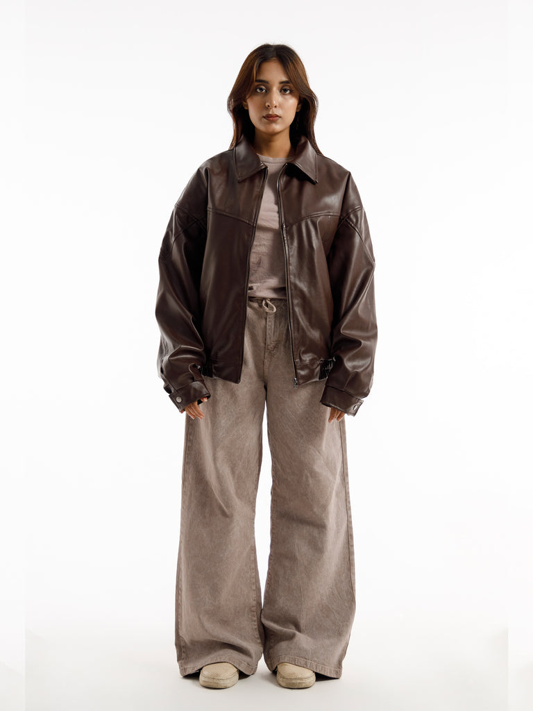 BROWN OVERSIZED ROUND PANEL LEATHER JACKET
