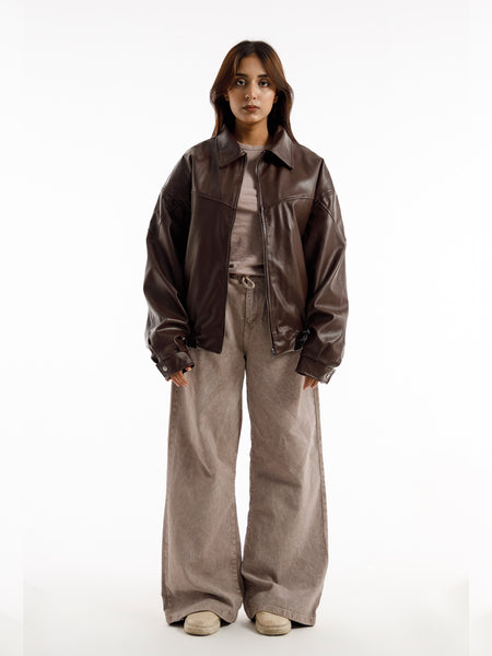 BROWN OVERSIZED ROUND PANEL LEATHER JACKET (hover)