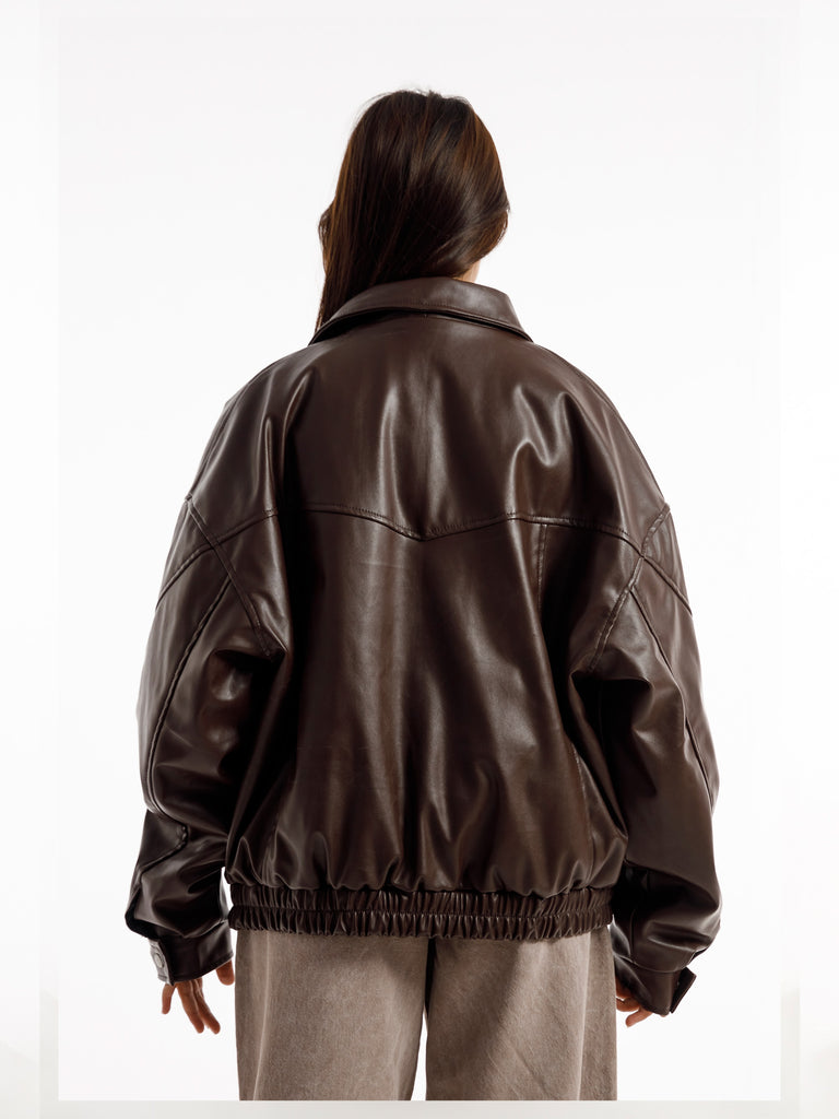 BROWN OVERSIZED ROUND PANEL LEATHER JACKET