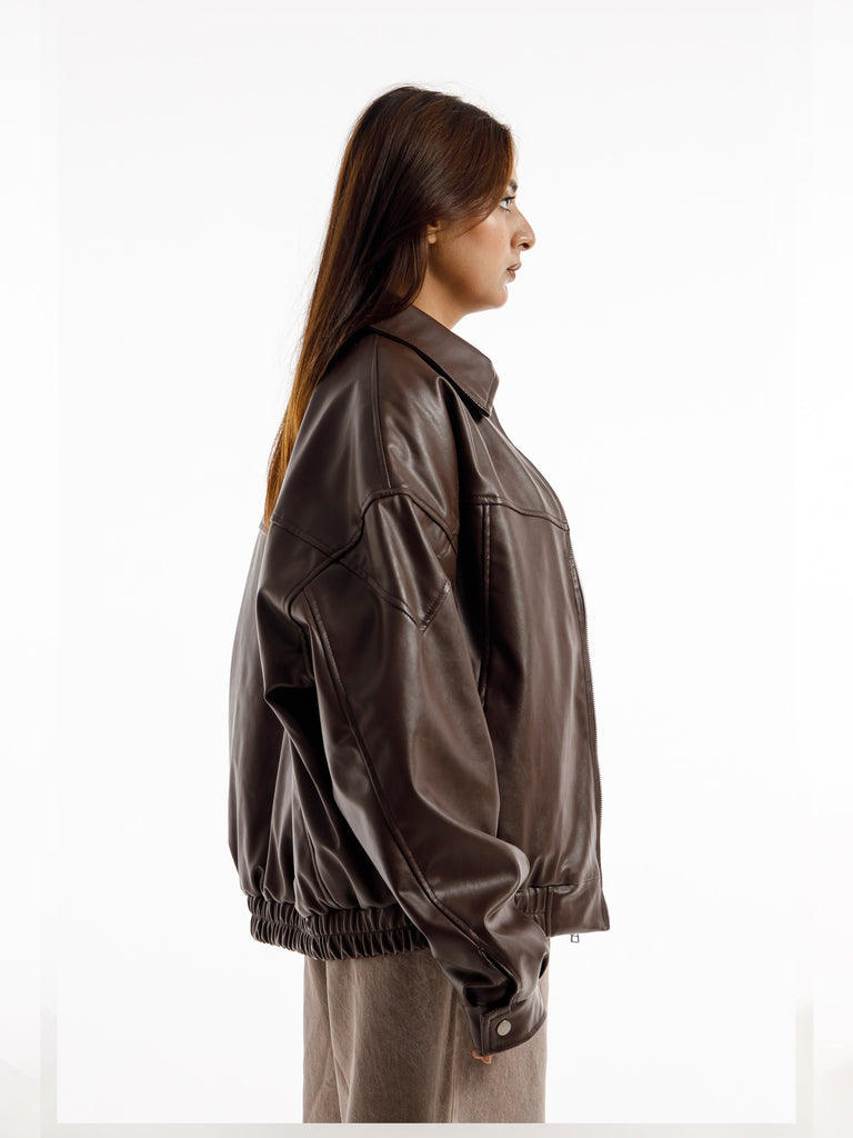 BROWN OVERSIZED ROUND PANEL LEATHER JACKET