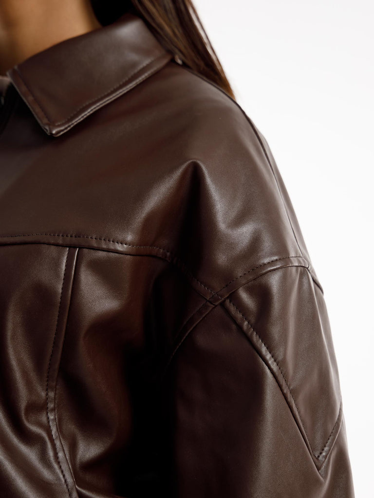 BROWN OVERSIZED ROUND PANEL LEATHER JACKET
