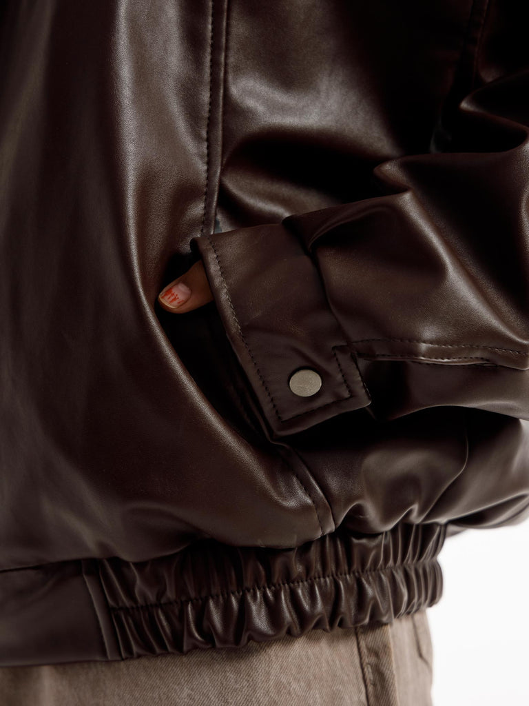 BROWN OVERSIZED ROUND PANEL LEATHER JACKET