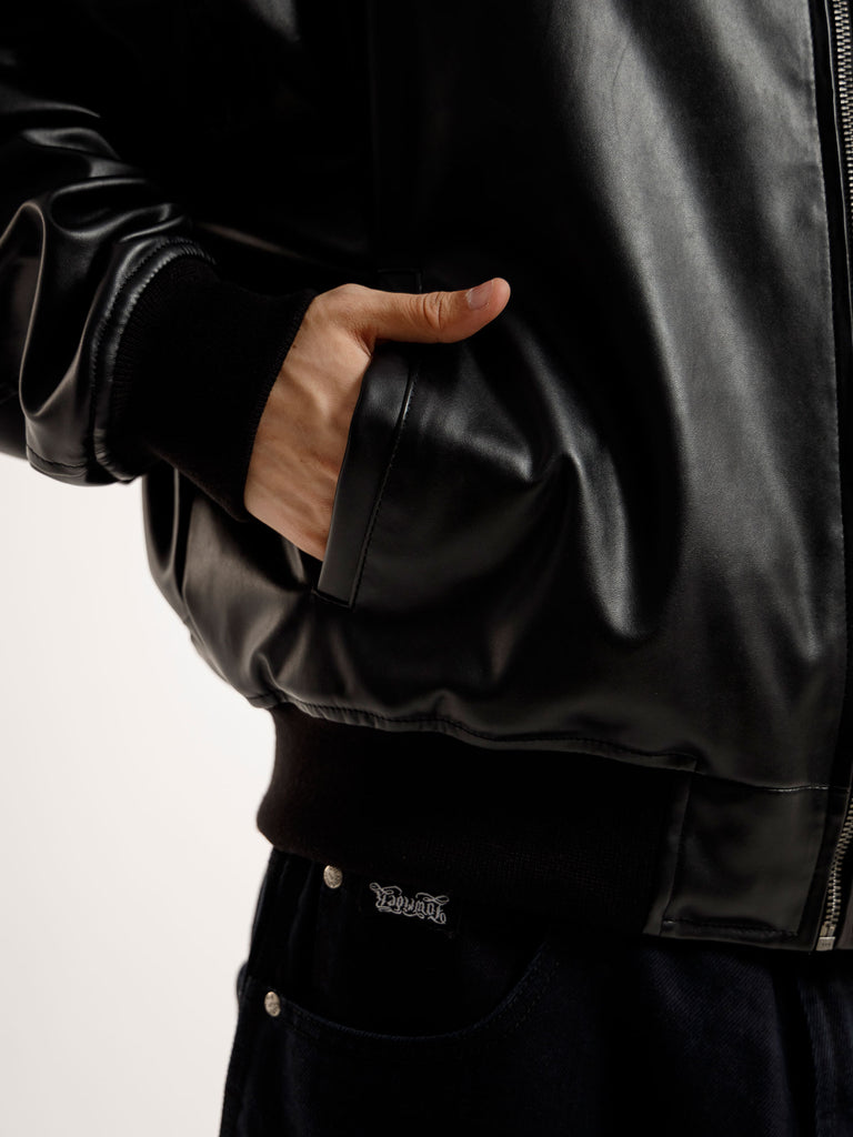 BLACK OVERSIZED BOMBER LEATHER JACKET