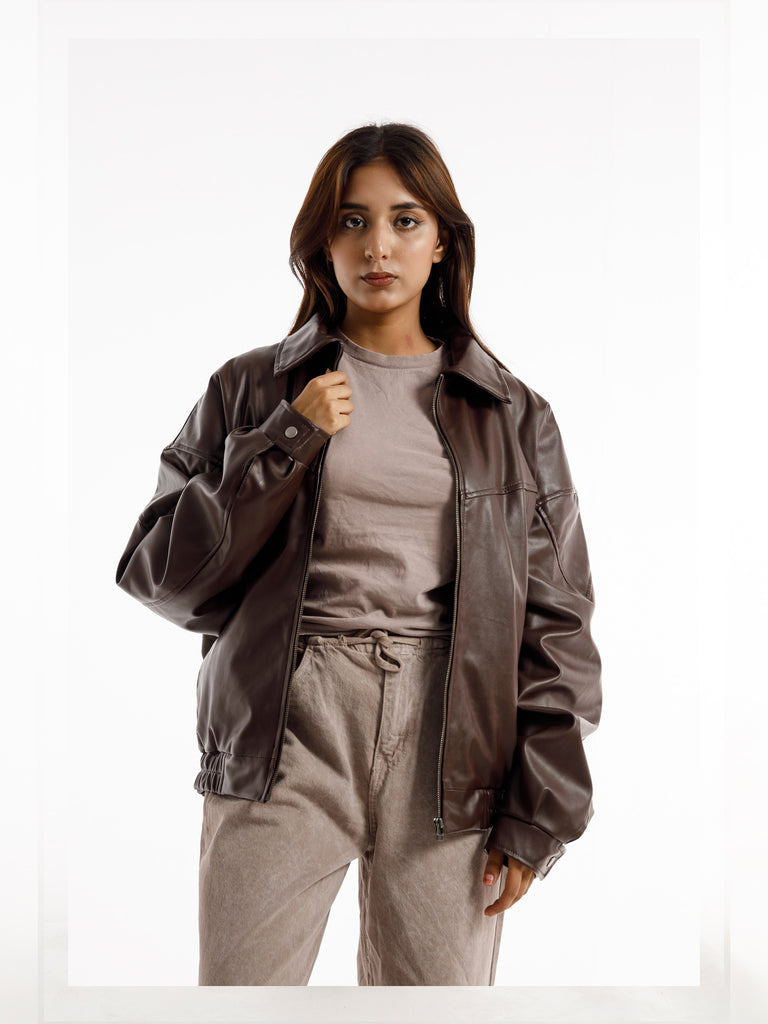 BROWN OVERSIZED ROUND PANEL LEATHER JACKET