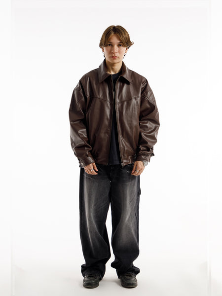 BROWN OVERSIZED ROUND PANEL LEATHER JACKET