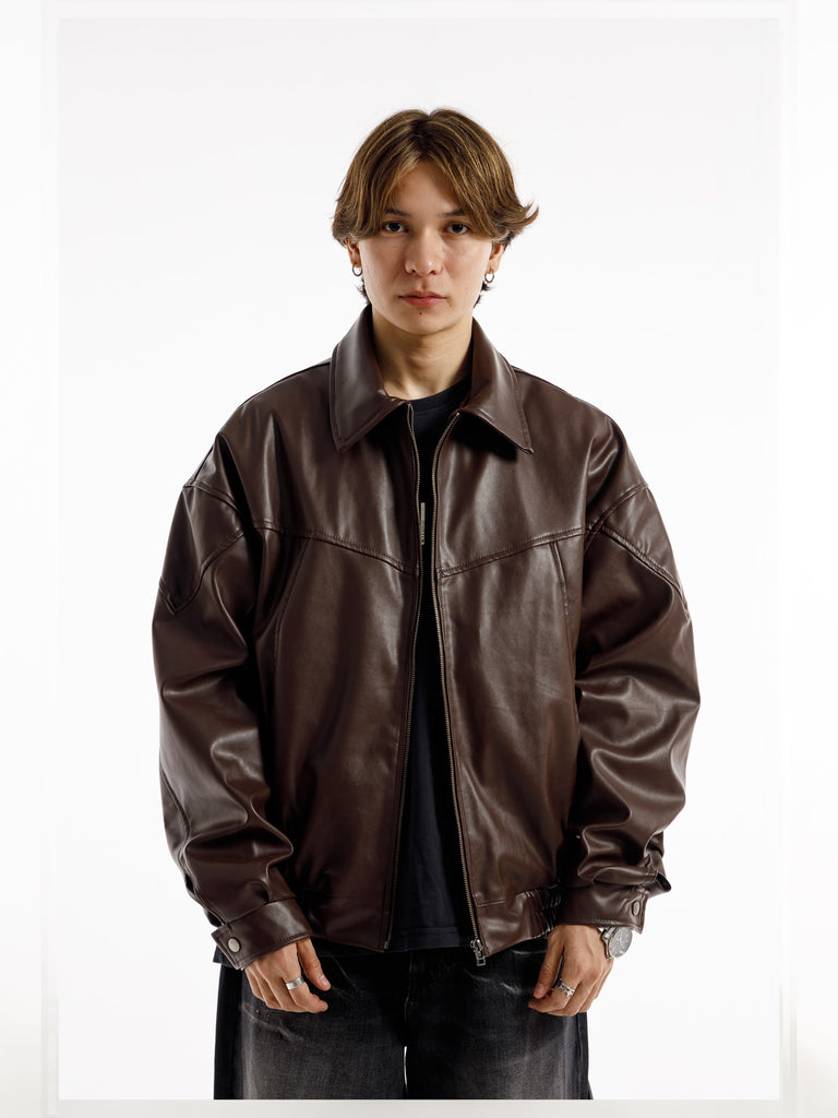 BROWN OVERSIZED ROUND PANEL LEATHER JACKET