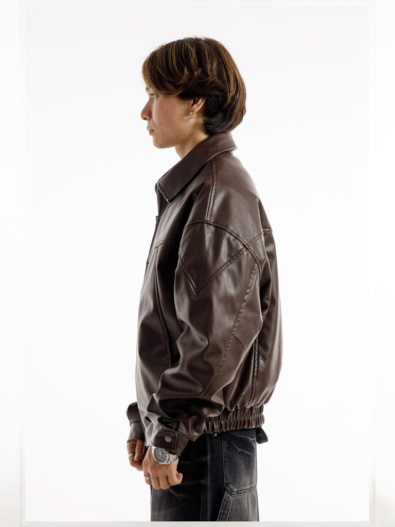 BROWN OVERSIZED ROUND PANEL LEATHER JACKET