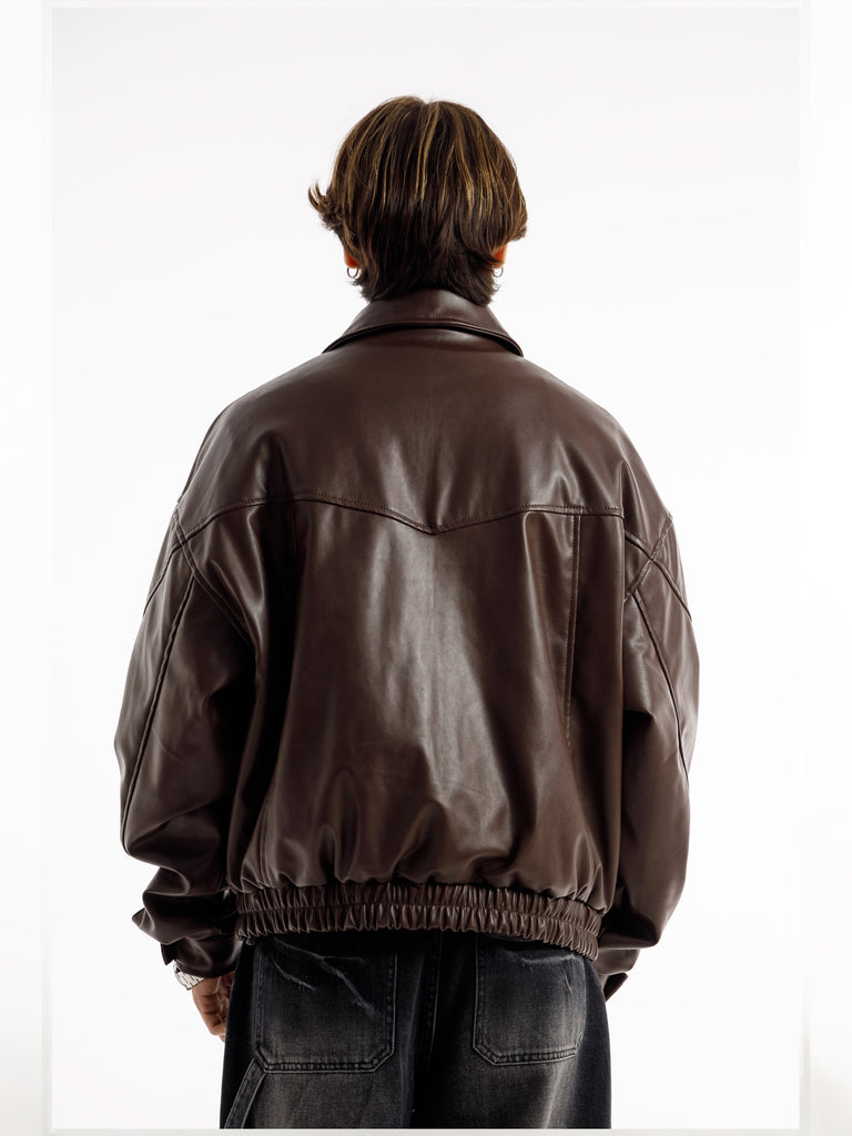BROWN OVERSIZED ROUND PANEL LEATHER JACKET
