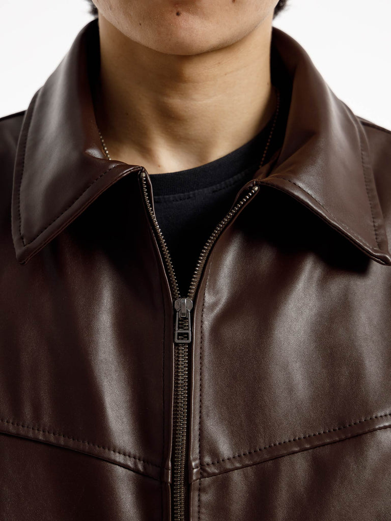 BROWN OVERSIZED ROUND PANEL LEATHER JACKET
