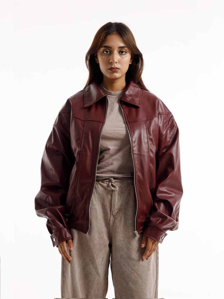 BURGANDY OVERSIZED STRAIGHT PANEL LEATHER JACKET